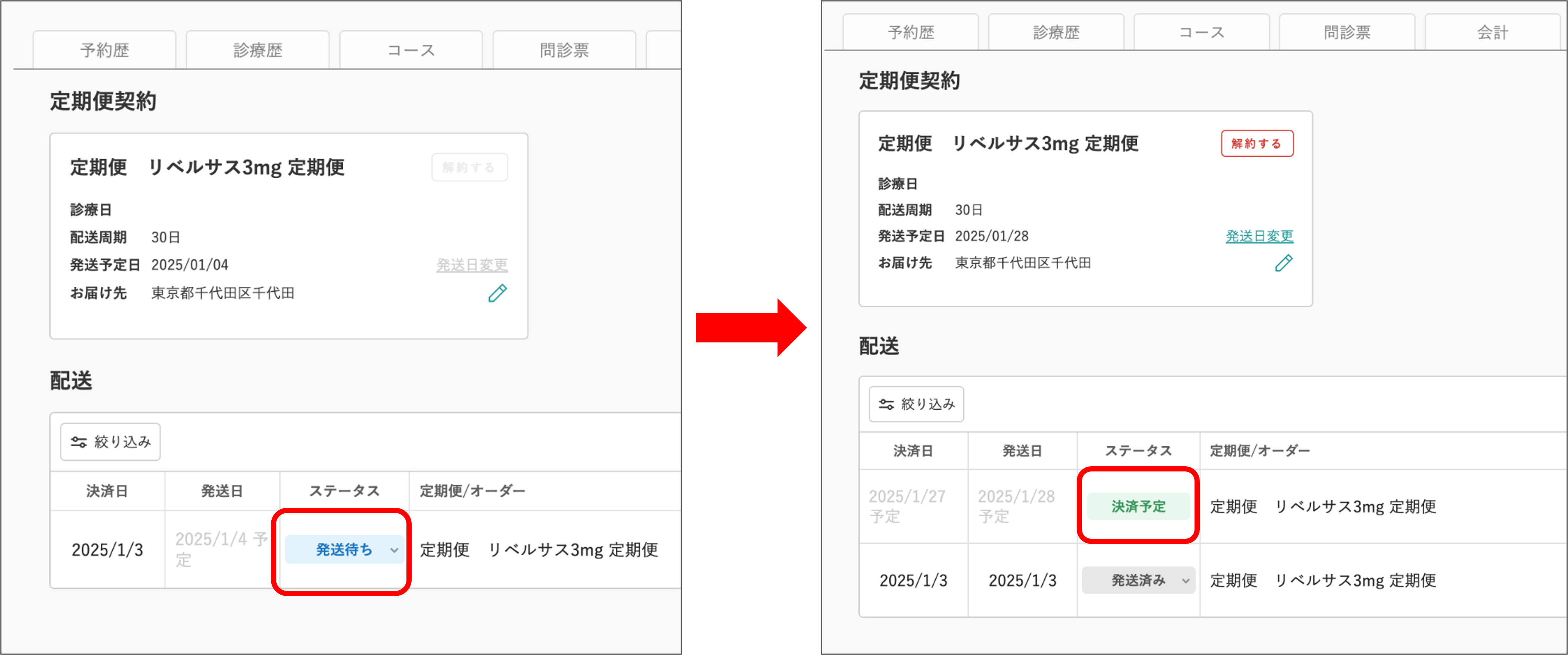 定期便契約の確認・変更と2回目以降の発送について – キレイパス